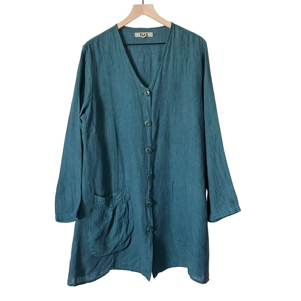 FLAX Teal Button-Front Linen Tunic Top